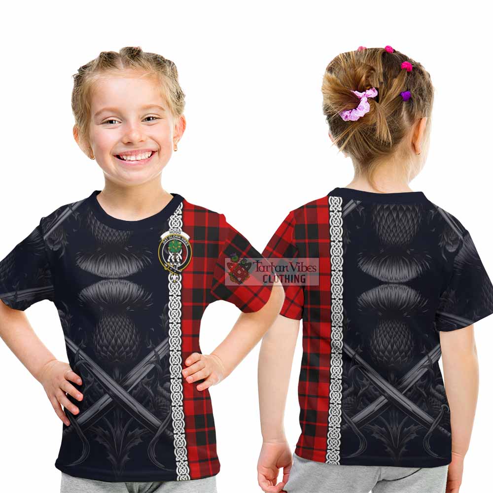 Tartan Vibes Clothing Hogg (Hog) Tartan Kid T-Shirt with Family Crest Cross Sword Thistle Celtic Vibes