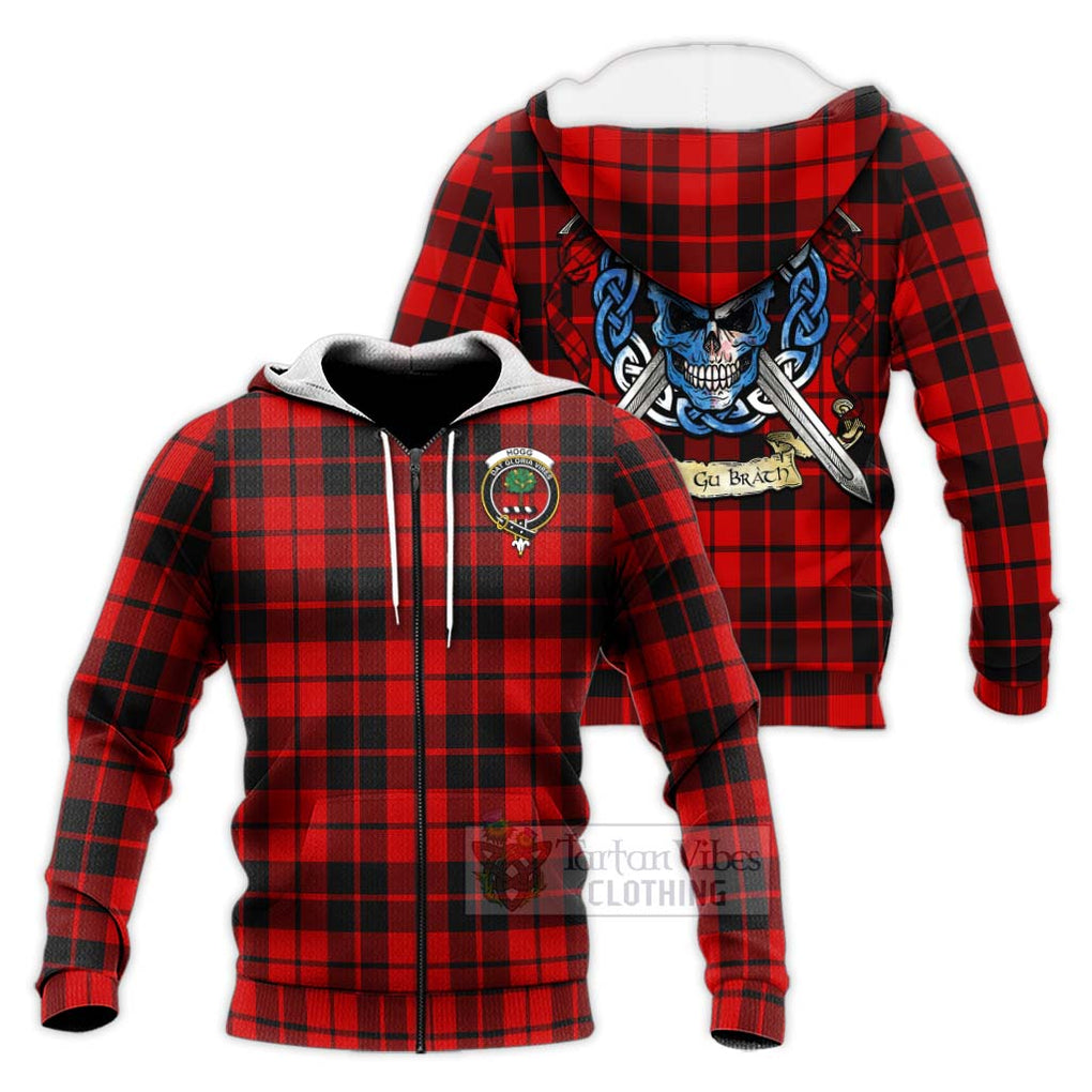 Tartan Vibes Clothing Hogg (Hog) Tartan Knitted Hoodie with Family Crest Celtic Skull Style