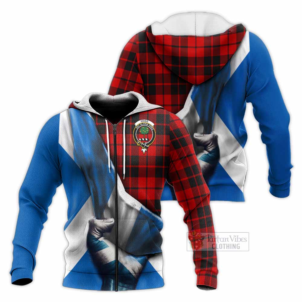 Tartan Vibes Clothing Hogg (Hog) Tartan Knitted Hoodie with Family Crest Scotland Patriotic Style