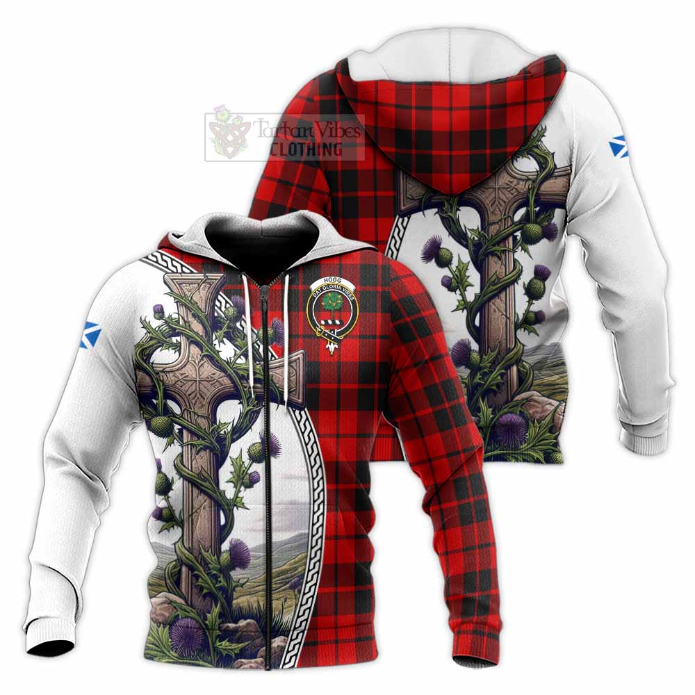 Tartan Vibes Clothing Hogg (Hog) Tartan Knitted Hoodie with Family Crest and St. Andrew's Cross Accented by Thistle Vines