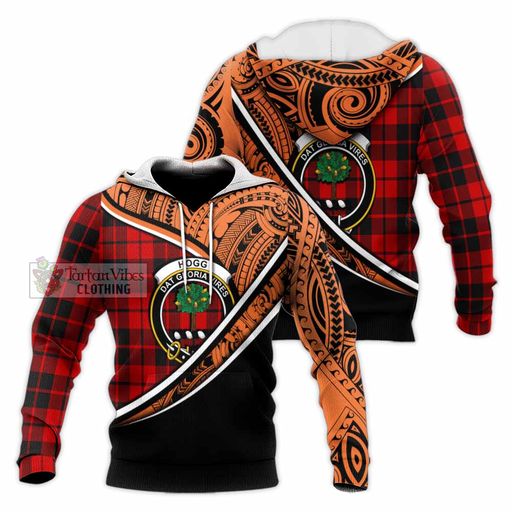 Tartan Vibes Clothing Hogg (Hog) Crest Tartan Knitted Hoodie with Maori Tattoo Style - Orange Version