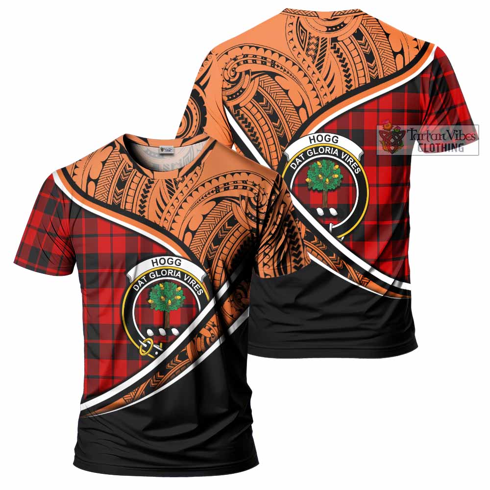 Tartan Vibes Clothing Hogg (Hog) Crest Tartan T-Shirt with Maori Tattoo Style - Orange Version