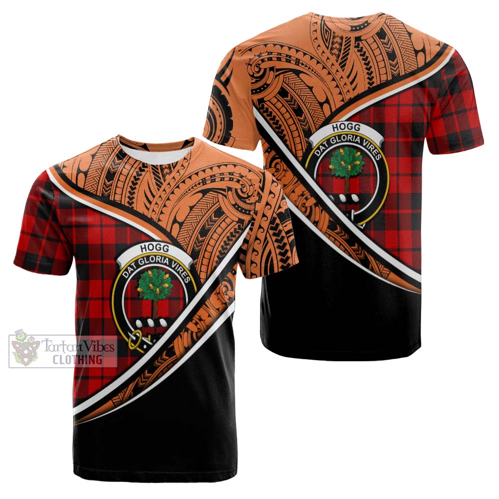 Tartan Vibes Clothing Hogg (Hog) Crest Tartan Cotton T-shirt with Maori Tattoo Style - Orange Version