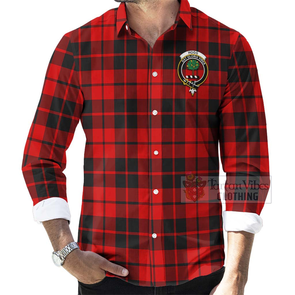 Tartan Vibes Clothing Hogg (Hog) Tartan Long Sleeve Button Shirt with Family Crest Celtic Skull Style