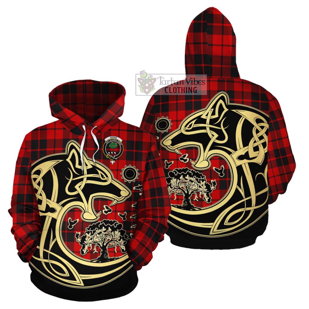 Tartan Vibes Clothing Hogg (Hog) Tartan Cotton Hoodie with Family Crest Celtic Wolf Style