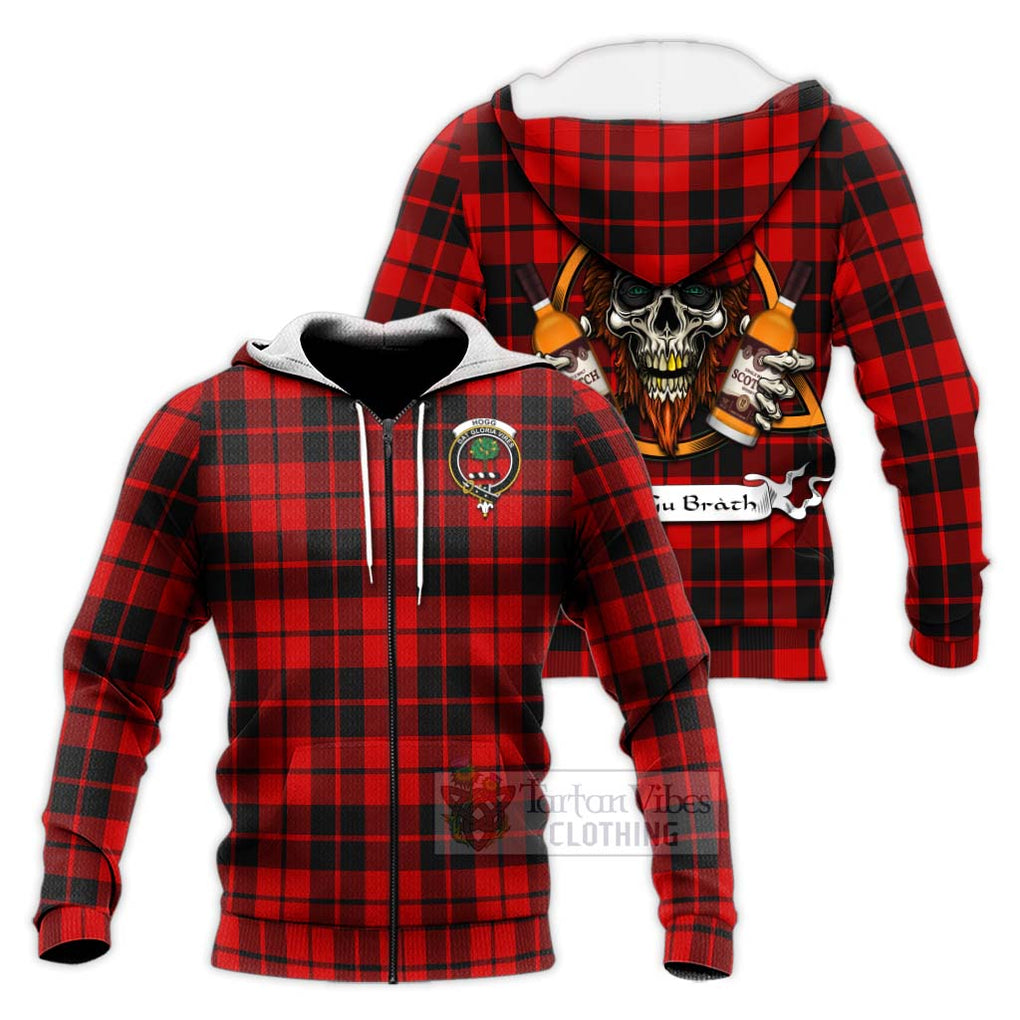 Tartan Vibes Clothing Hogg (Hog) Tartan Knitted Hoodie with Family Crest and Bearded Skull Holding Bottles of Whiskey