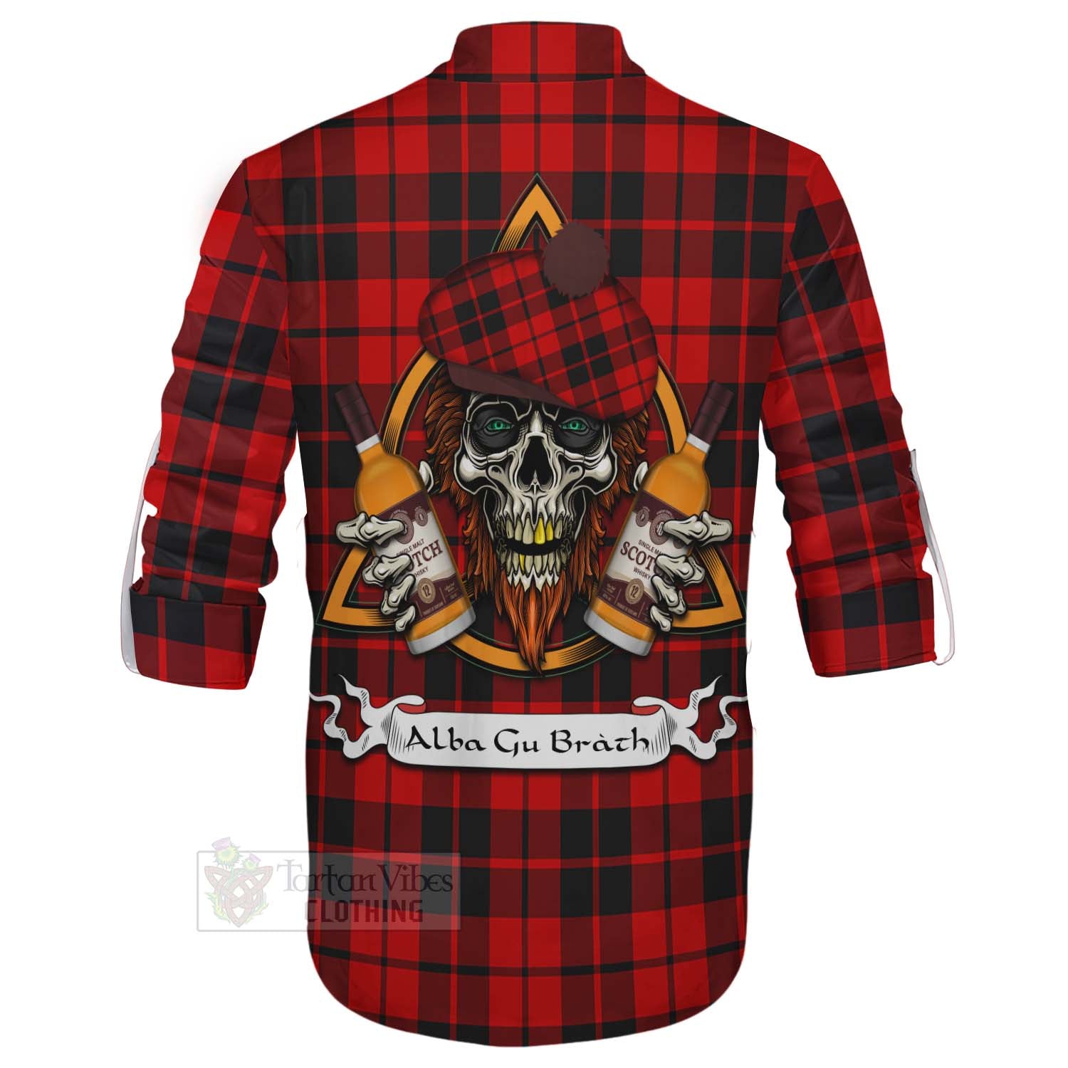 Tartan Vibes Clothing Hogg (Hog) Tartan Ghillie Kilt Shirt with Family Crest and Bearded Skull Holding Bottles of Whiskey