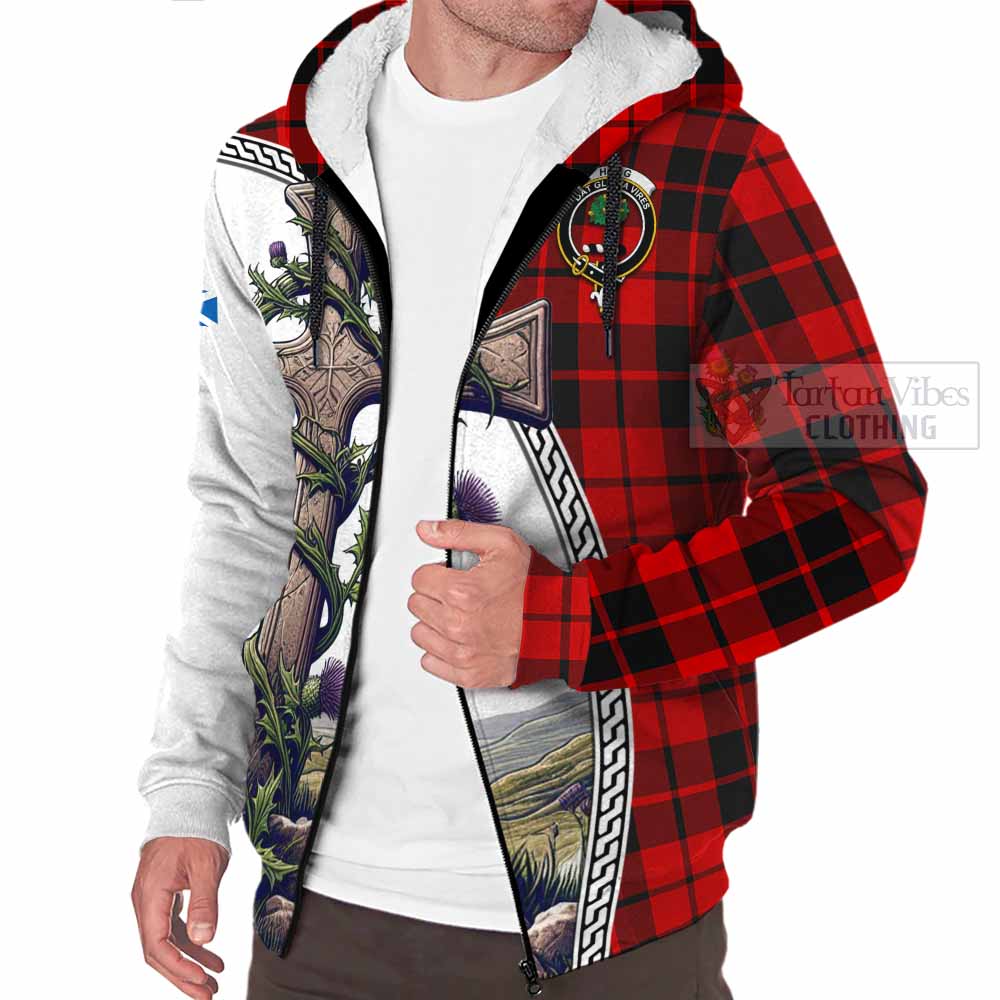 Tartan Vibes Clothing Hogg (Hog) Tartan Sherpa Hoodie with Family Crest and St. Andrew's Cross Accented by Thistle Vines