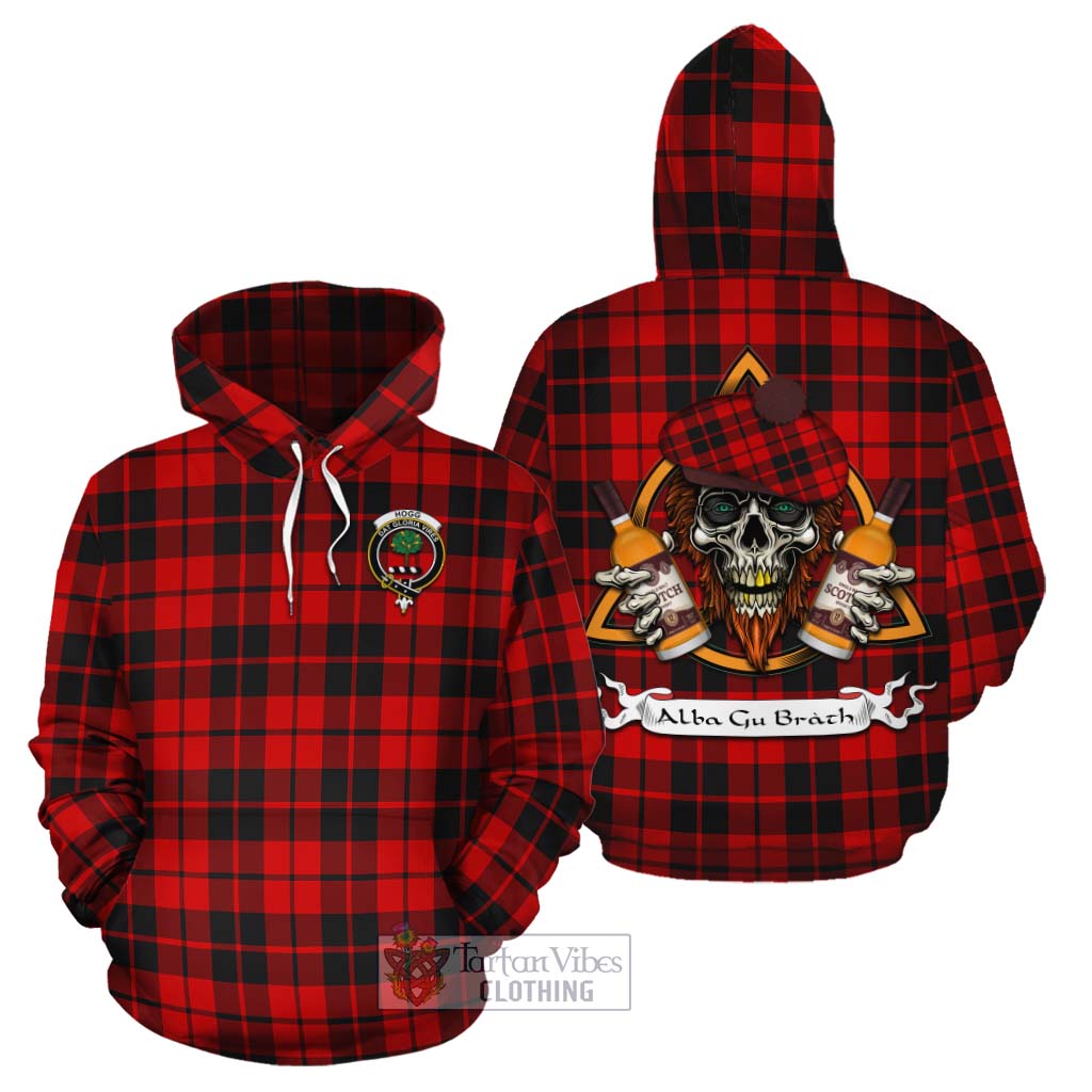 Tartan Vibes Clothing Hogg (Hog) Tartan Cotton Hoodie with Family Crest and Bearded Skull Holding Bottles of Whiskey