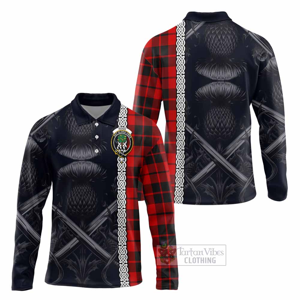 Tartan Vibes Clothing Hogg (Hog) Tartan Long Sleeve Polo Shirt with Family Crest Cross Sword Thistle Celtic Vibes