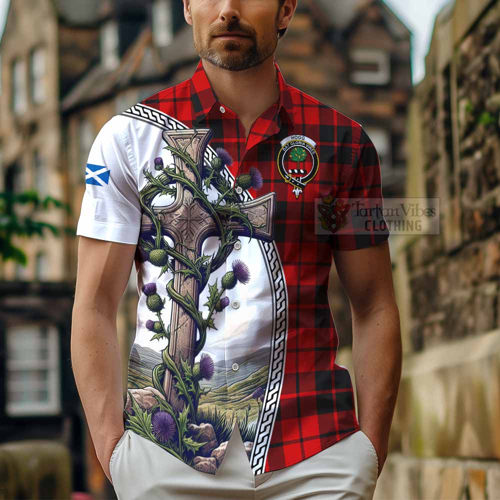 Tartan Vibes Clothing Hogg (Hog) Tartan Short Sleeve Button Shirt with Family Crest and St. Andrew's Cross Accented by Thistle Vines