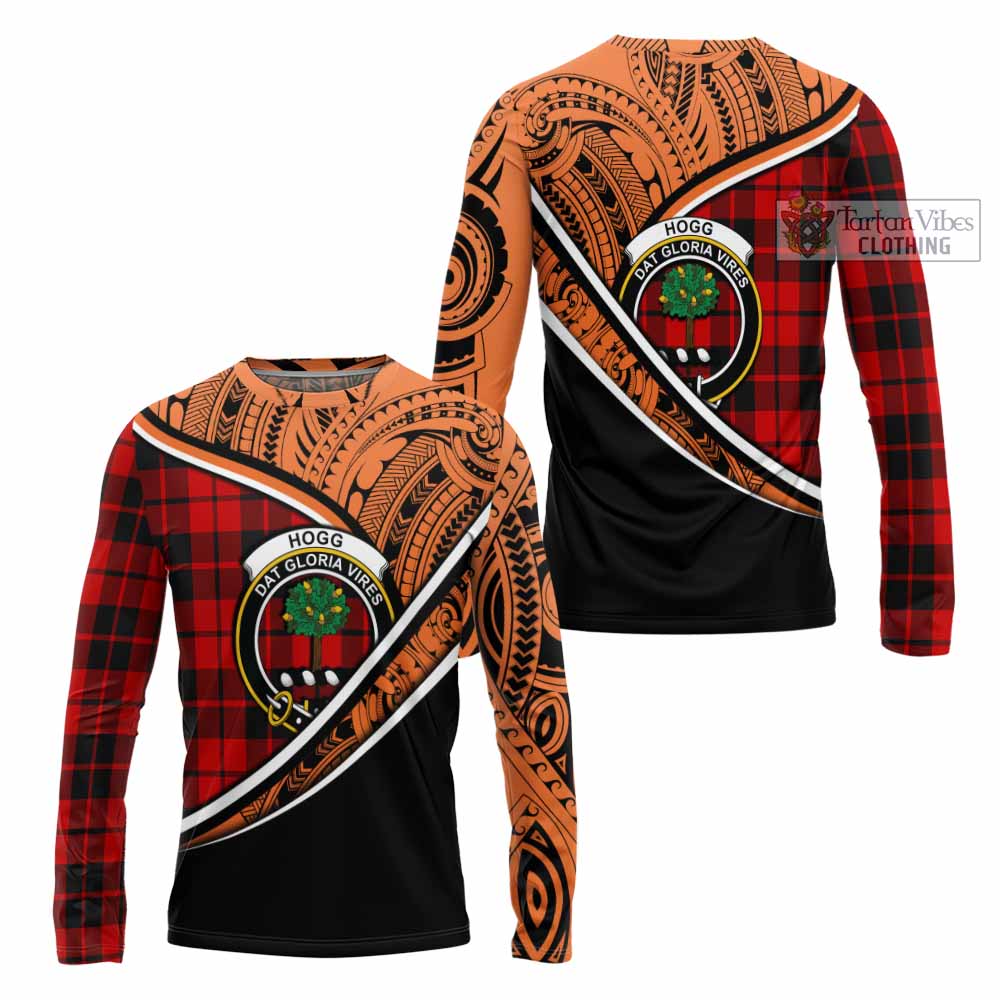 Tartan Vibes Clothing Hogg (Hog) Crest Tartan Long Sleeve T-Shirt with Maori Tattoo Style - Orange Version