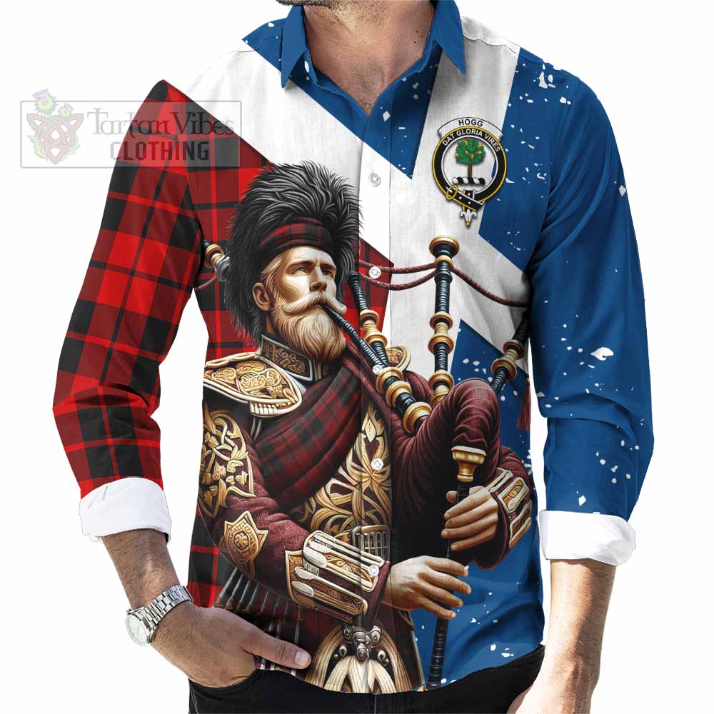 Tartan Vibes Clothing Hogg (Hog) Tartan Long Sleeve Button Shirt with Family Crest Scottish Bagpiper Vibes