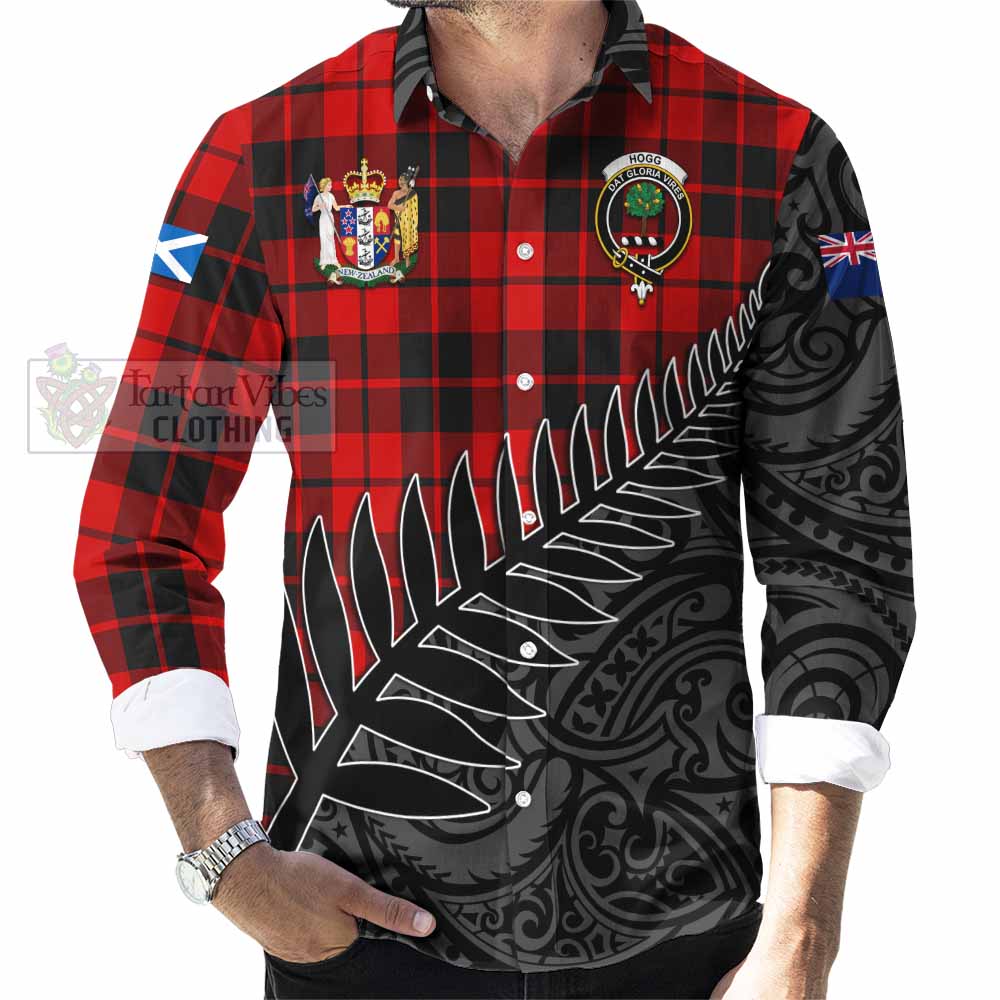 Tartan Vibes Clothing Hogg (Hog) Crest Tartan Long Sleeve Button Shirt with New Zealand Silver Fern Half Style