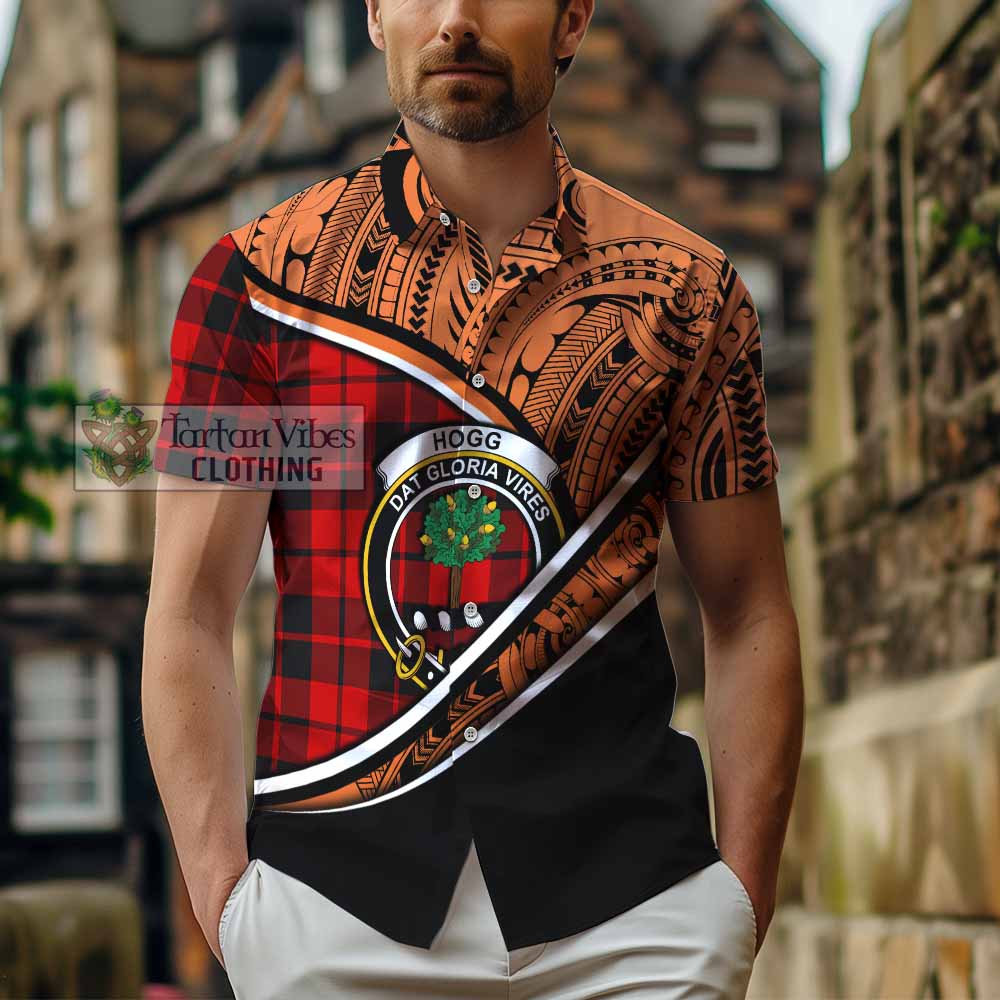 Tartan Vibes Clothing Hogg (Hog) Crest Tartan Short Sleeve Button Shirt with Maori Tattoo Style - Orange Version