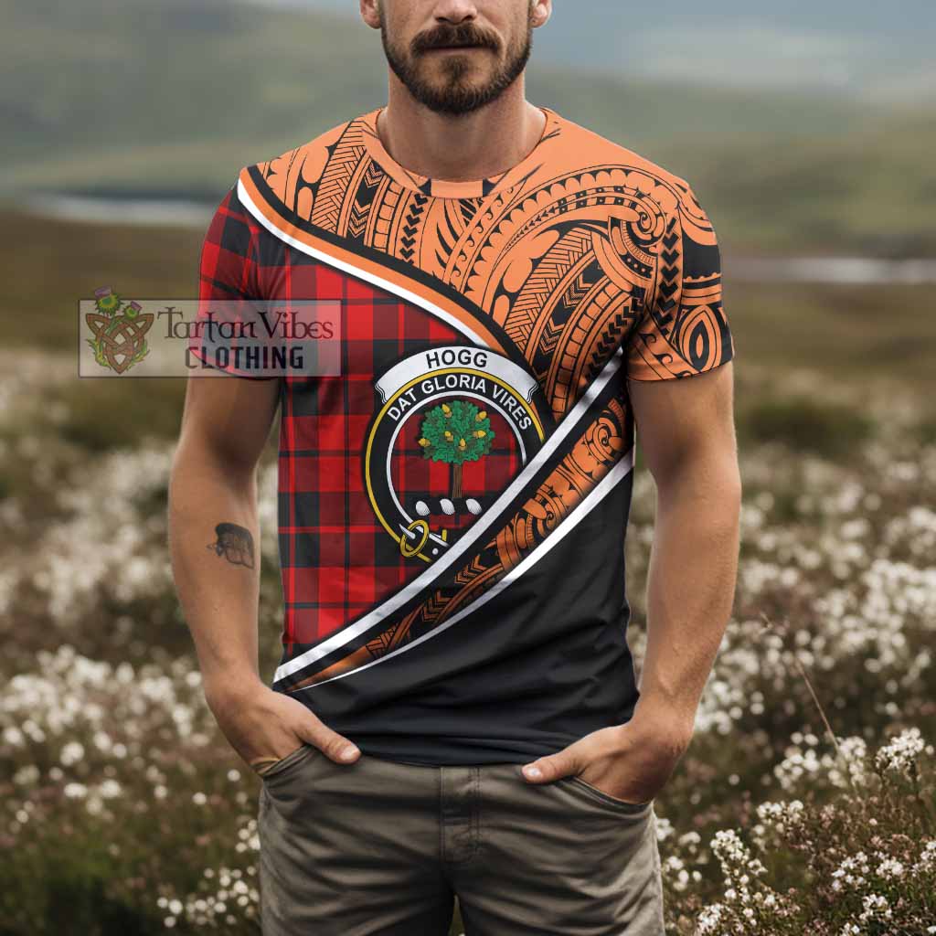 Tartan Vibes Clothing Hogg (Hog) Crest Tartan T-Shirt with Maori Tattoo Style - Orange Version