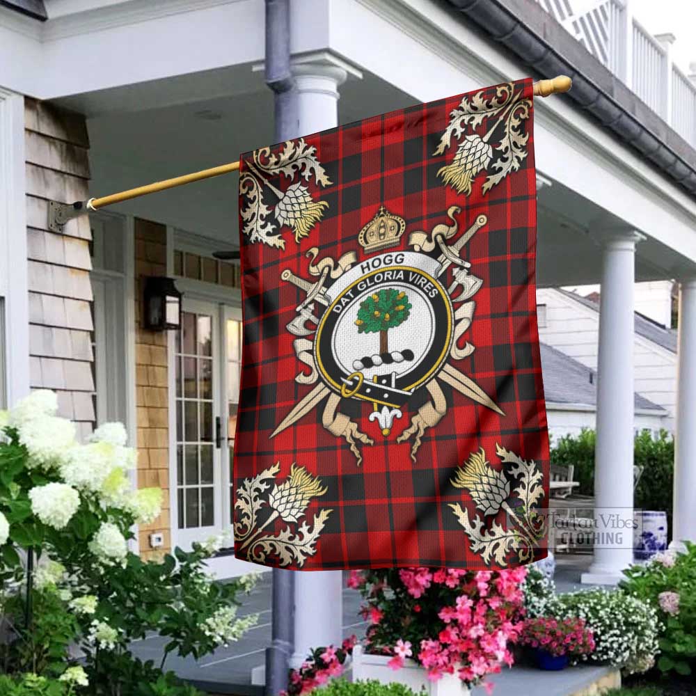 Tartan Vibes Clothing Hogg (Hog) Tartan Flag with Family Crest and Golden Thistle Crossed Sword Design