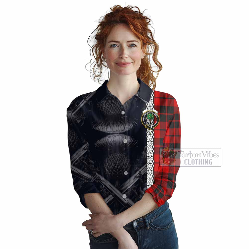 Tartan Vibes Clothing Hogg (Hog) Tartan Women's Casual Shirt with Family Crest Cross Sword Thistle Celtic Vibes