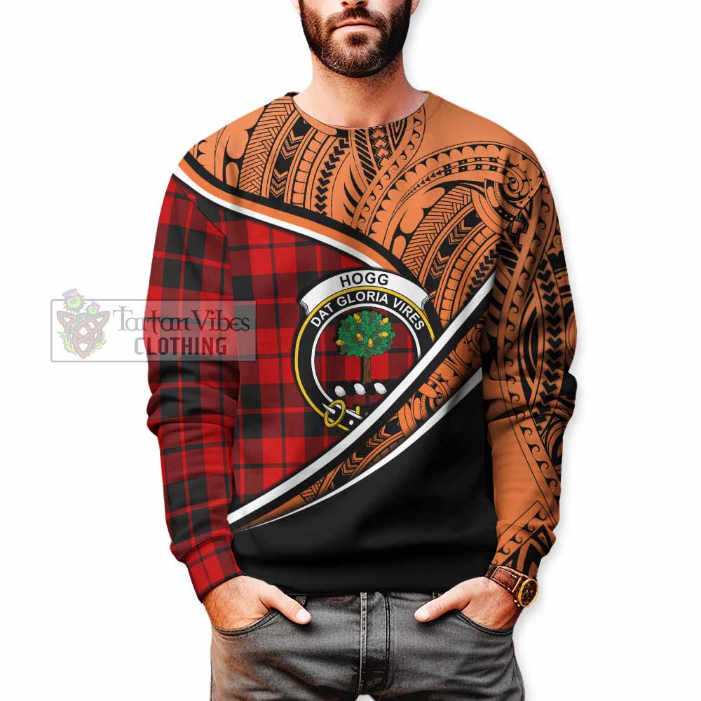 Tartan Vibes Clothing Hogg (Hog) Crest Tartan Sweatshirt with Maori Tattoo Style - Orange Version