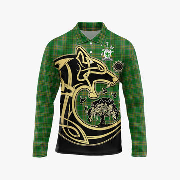 Holmes Irish Tartan Long Sleeve Polo Shirt with Coat of Arms Celtic Wolf Style