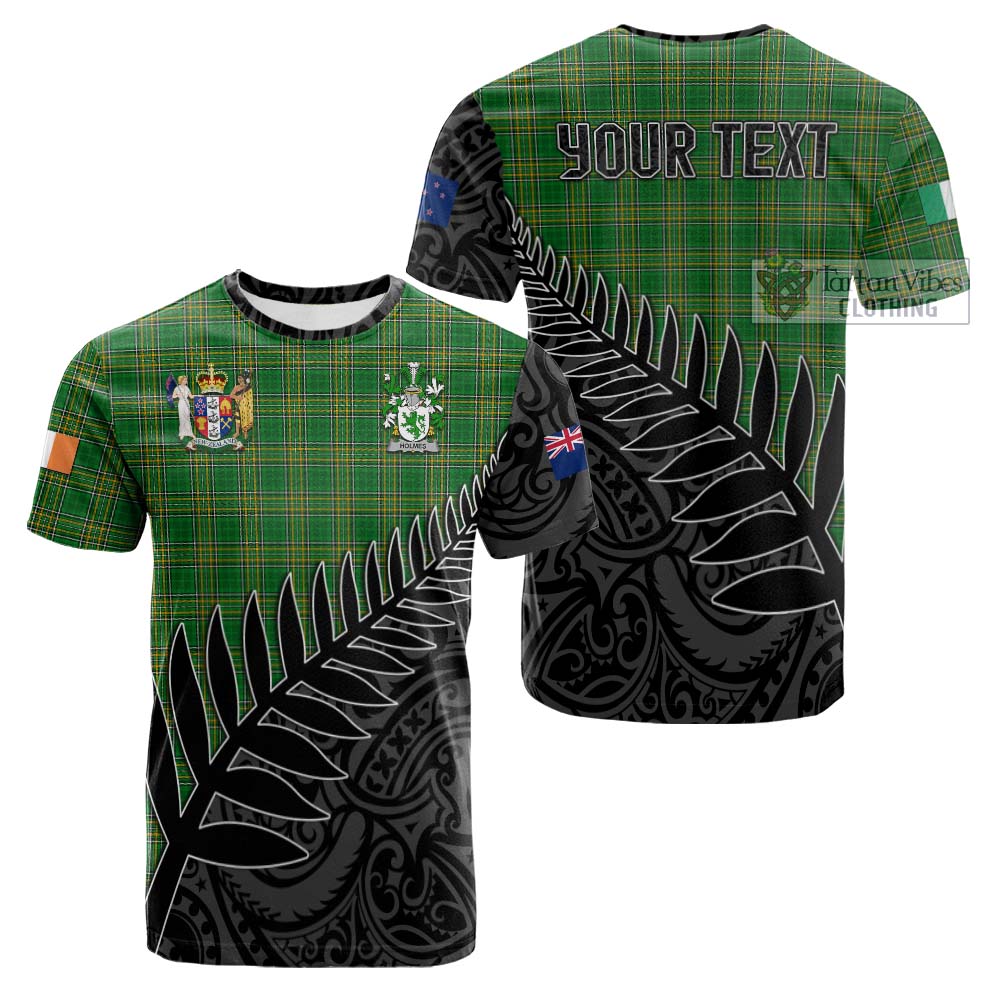 Tartan Vibes Clothing Holmes Irish Clan Tartan Cotton T-shirt with Coat of Arms New Zealand Silver Fern Half Style