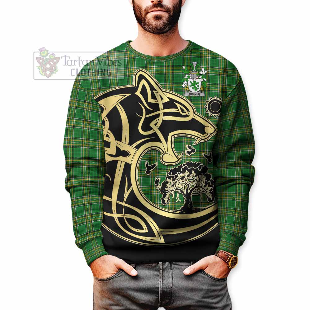 Tartan Vibes Clothing Holmes Irish Tartan Sweatshirt with Coat of Arms Celtic Wolf Style