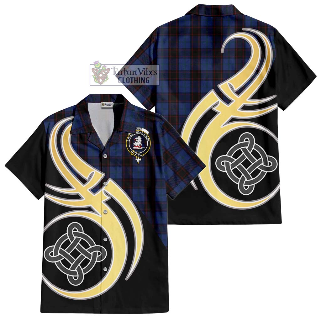 Home (Hume) Tartan Short Sleeve Button Shirt with Family Crest and Celtic Symbol Style - Tartan Vibes Clothing