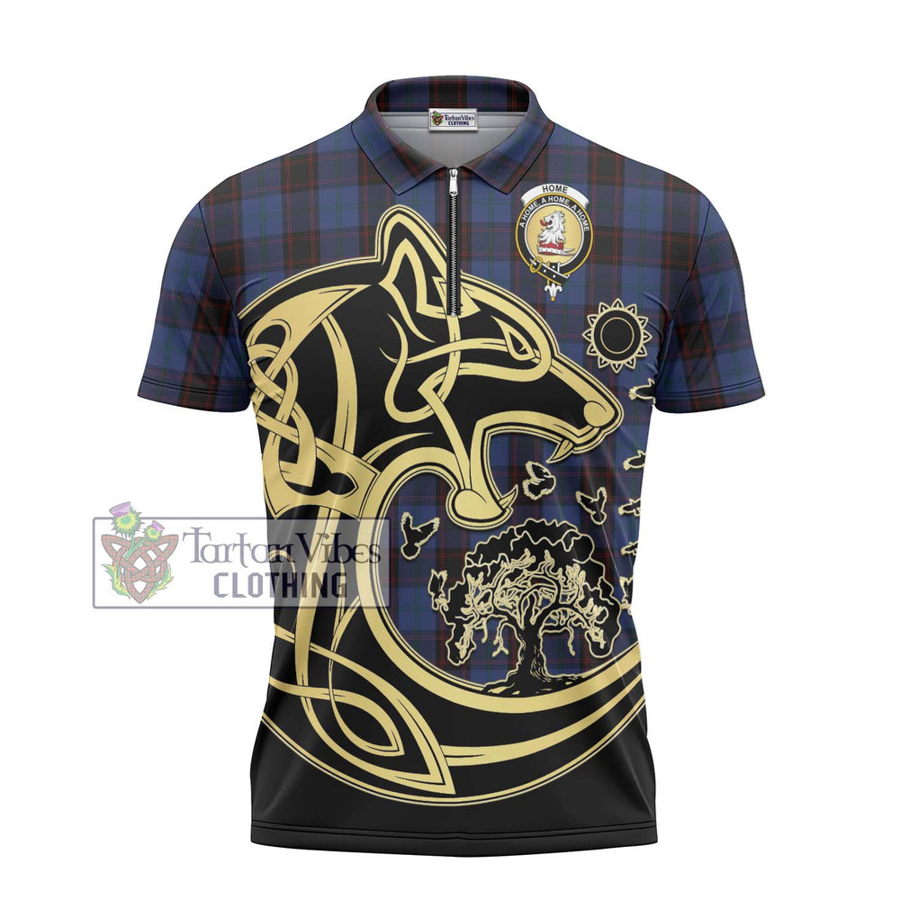 Home (Hume) Tartan Zipper Polo Shirt with Family Crest Celtic Wolf Style - Tartanvibesclothing Shop