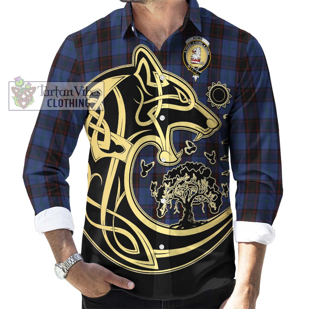 Home (Hume) Tartan Long Sleeve Button Shirt with Family Crest Celtic Wolf Style - Tartan Vibes Clothing