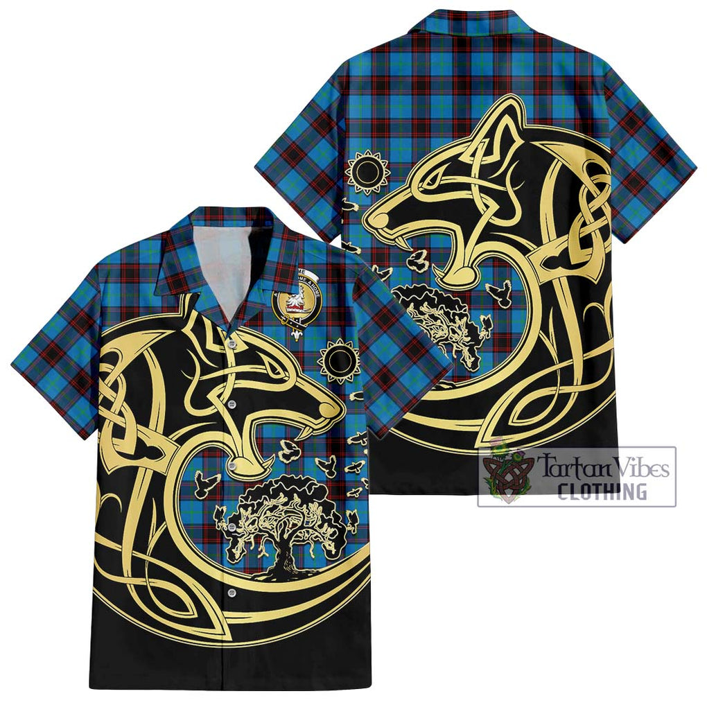 Home Ancient Tartan Short Sleeve Button Shirt with Family Crest Celtic Wolf Style Kid - Tartan Vibes Clothing