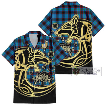 Home Ancient Tartan Short Sleeve Button Shirt with Family Crest Celtic Wolf Style