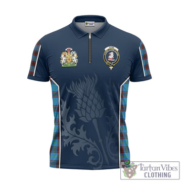 Home Ancient Tartan Zipper Polo Shirt with Family Crest and Scottish Thistle Vibes Sport Style