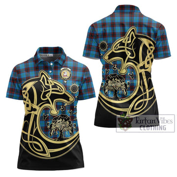 Home Ancient Tartan Women's Polo Shirt with Family Crest Celtic Wolf Style