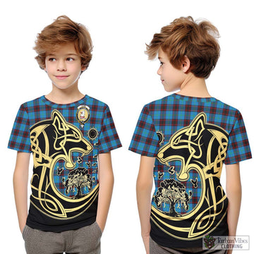 Home Ancient Tartan Kid T-Shirt with Family Crest Celtic Wolf Style