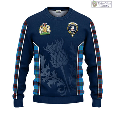 Home Ancient Tartan Knitted Sweatshirt with Family Crest and Scottish Thistle Vibes Sport Style