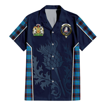 Home Ancient Tartan Short Sleeve Button Up Shirt with Family Crest and Scottish Thistle Vibes Sport Style