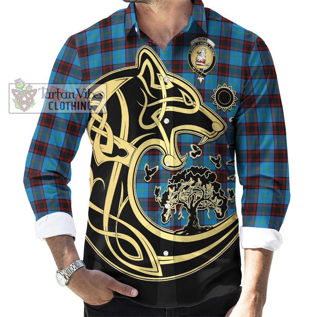 Home Ancient Tartan Long Sleeve Button Shirt with Family Crest Celtic Wolf Style - Tartan Vibes Clothing