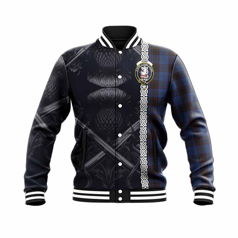 Tartan Vibes Clothing Home (Hume) Tartan Baseball Jacket with Family Crest Cross Sword Thistle Celtic Vibes