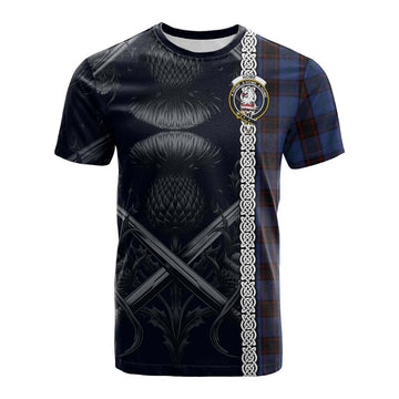 Home (Hume) Tartan Cotton T-shirt with Family Crest Cross Sword Thistle Celtic Vibes