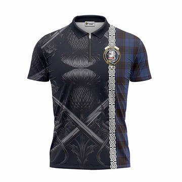 Home (Hume) Tartan Zipper Polo Shirt with Family Crest Cross Sword Thistle Celtic Vibes