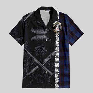 Home (Hume) Tartan Short Sleeve Button Shirt with Family Crest Cross Sword Thistle Celtic Vibes