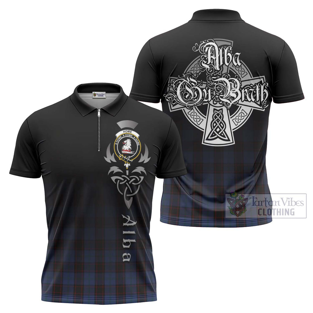 Tartan Vibes Clothing Home (Hume) Tartan Zipper Polo Shirt Featuring Alba Gu Brath Family Crest Celtic Inspired