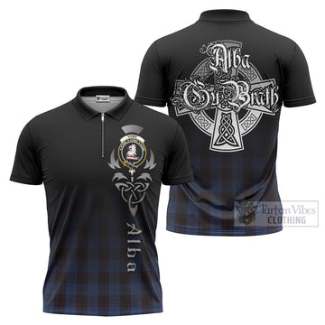 Home (Hume) Tartan Zipper Polo Shirt Featuring Alba Gu Brath Family Crest Celtic Inspired