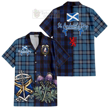 Home (Hume) Tartan Short Sleeve Button Shirt Happy St. Andrew's Day Half Tartan Style