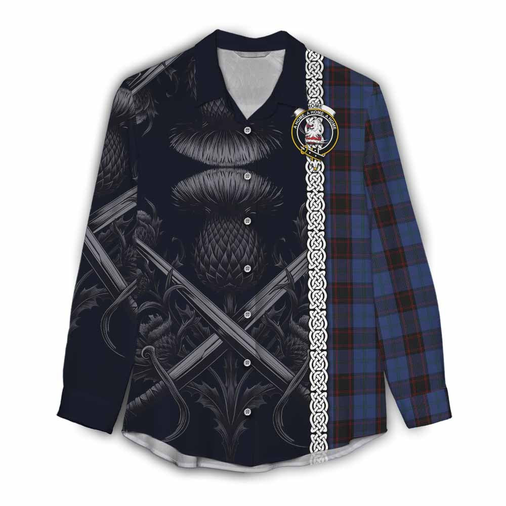 Tartan Vibes Clothing Home (Hume) Tartan Women's Casual Shirt with Family Crest Cross Sword Thistle Celtic Vibes