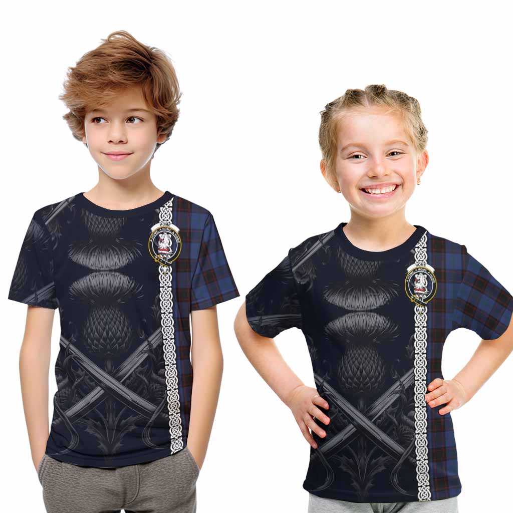 Tartan Vibes Clothing Home (Hume) Tartan Kid T-Shirt with Family Crest Cross Sword Thistle Celtic Vibes