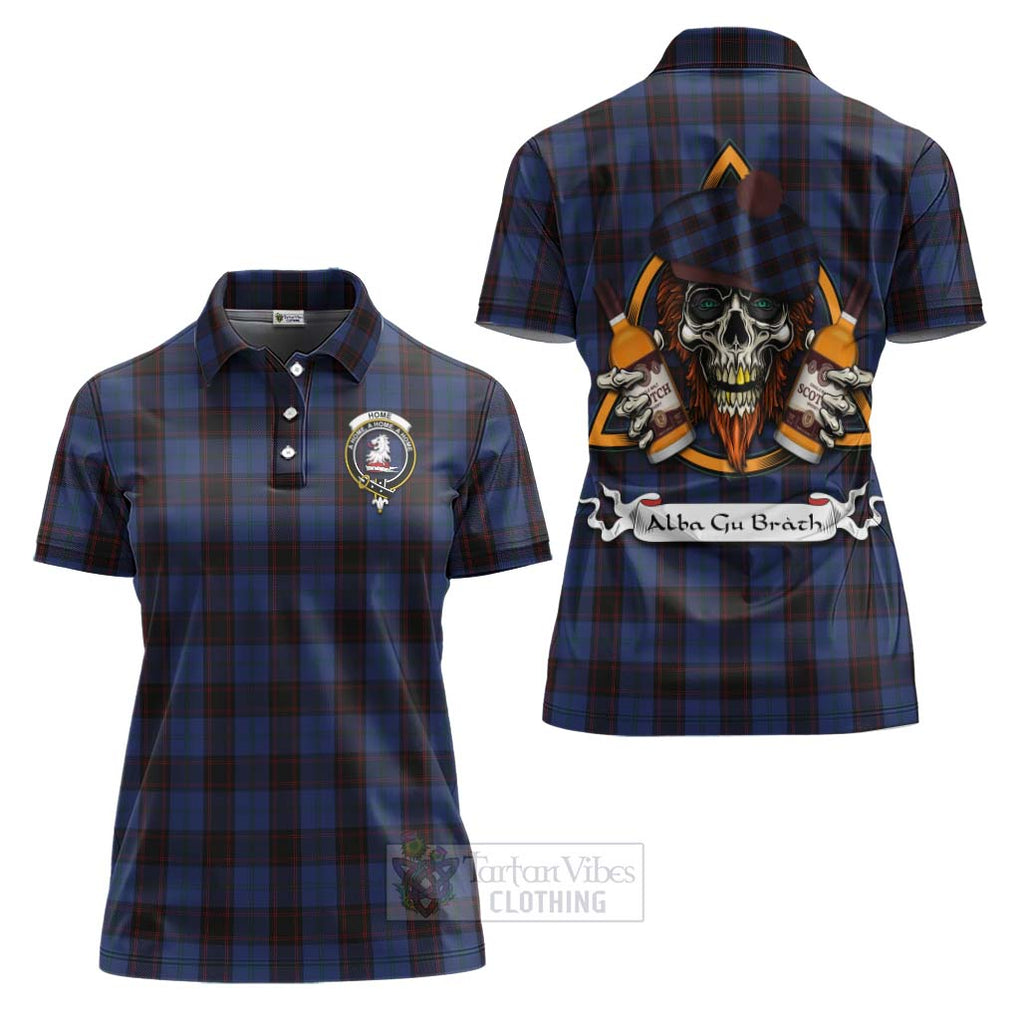 Tartan Vibes Clothing Home (Hume) Tartan Women's Polo Shirt with Family Crest and Bearded Skull Holding Bottles of Whiskey