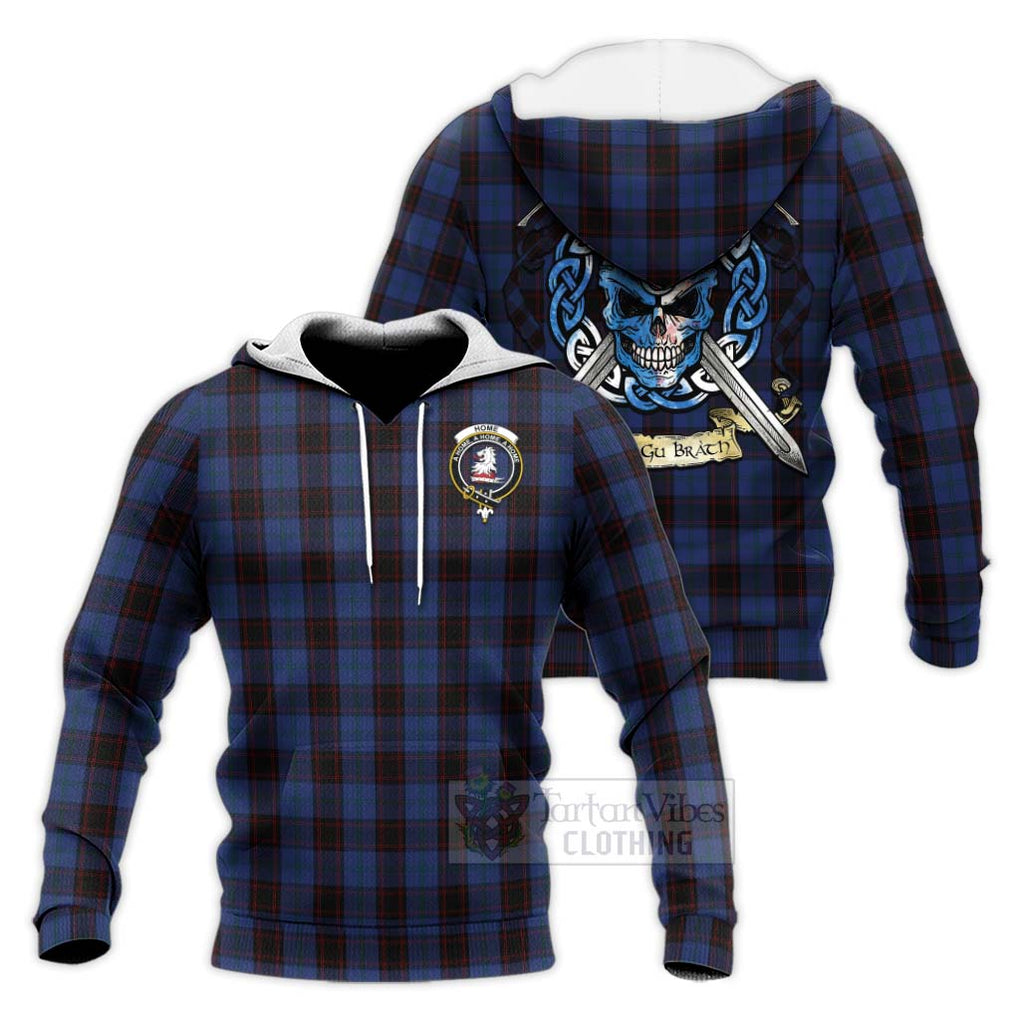 Tartan Vibes Clothing Home (Hume) Tartan Knitted Hoodie with Family Crest Celtic Skull Style