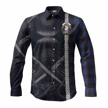 Home (Hume) Tartan Long Sleeve Button Shirt with Family Crest Cross Sword Thistle Celtic Vibes