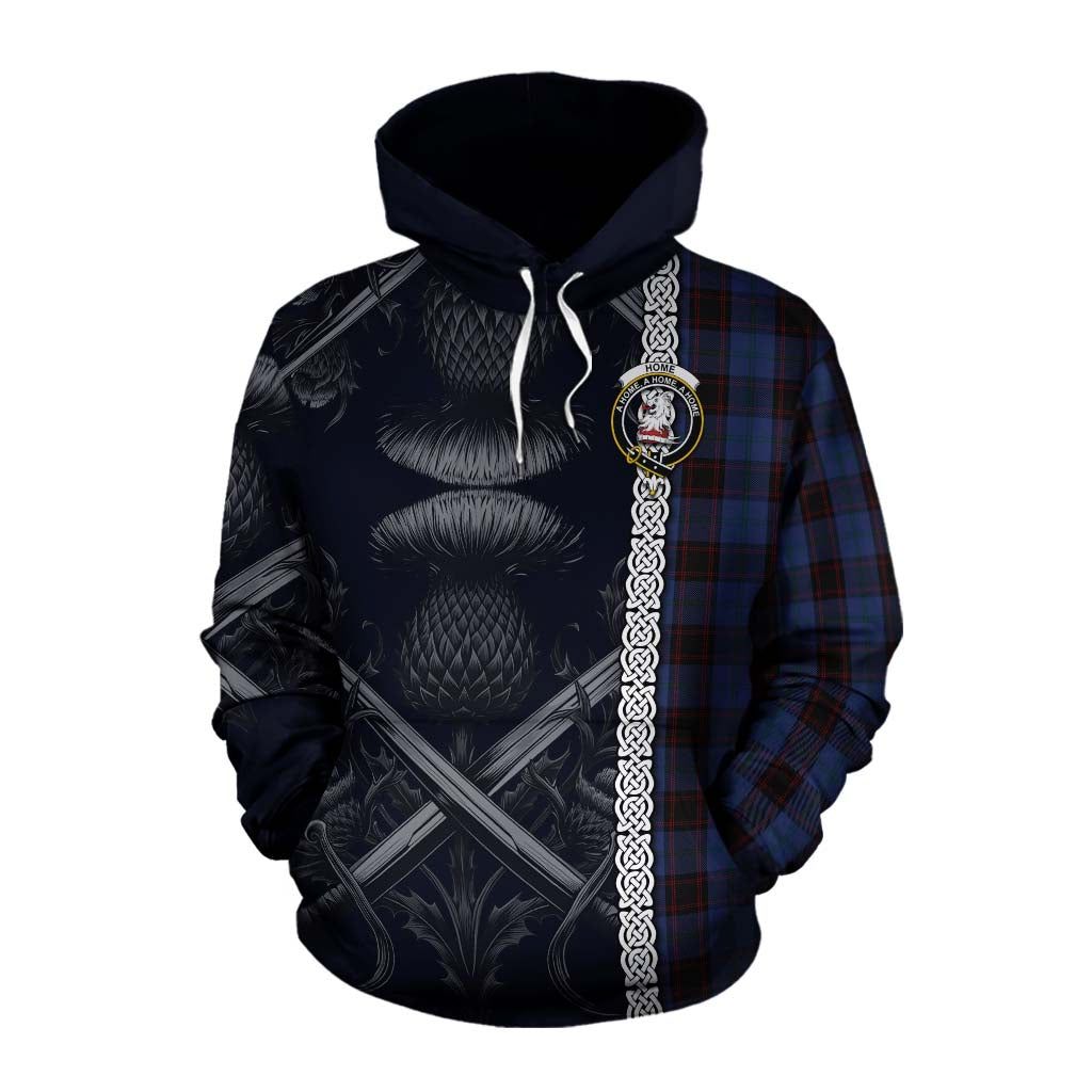 Tartan Vibes Clothing Home (Hume) Tartan Cotton Hoodie with Family Crest Cross Sword Thistle Celtic Vibes